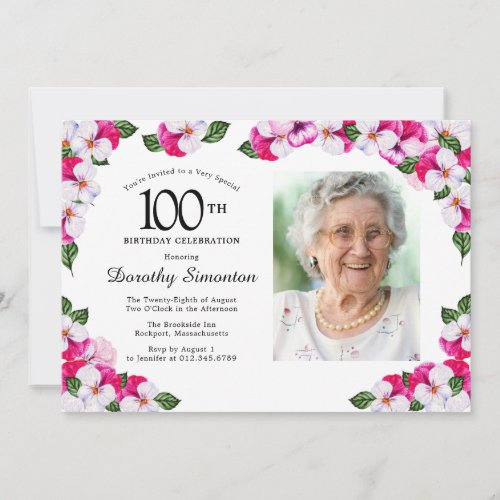 Pretty Magenta Pink White Photo 100th Birthday Invitation