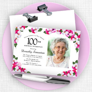 Pretty Magenta Pink White Photo 100th Birthday Invitation