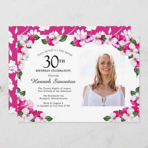 Pretty Magenta Pink White Photo 30th Birthday Invitation