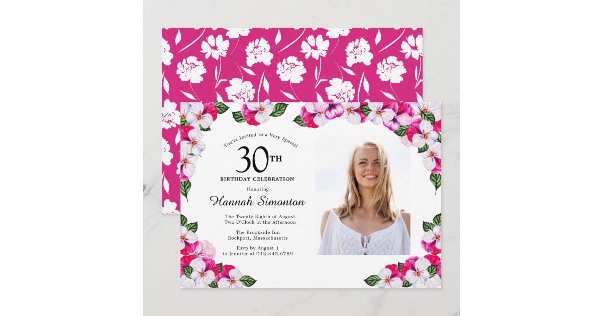 Pretty Magenta Pink White Photo 30th Birthday Invitation | Zazzle
