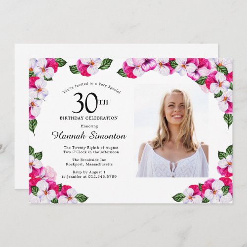 Pretty Magenta Pink White Photo 30th Birthday Invitation