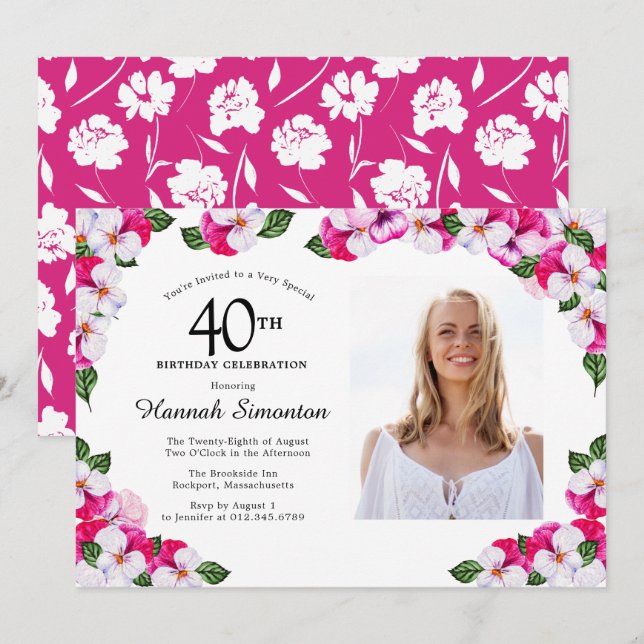 Pretty Magenta Pink White Photo 40th Birthday Invitation (Front/Back)
