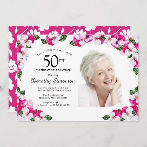 Pretty Magenta Pink White Photo 50th Birthday Invitation