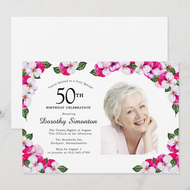 Pretty Magenta Pink White Photo 50th Birthday Invitation (Front/Back)
