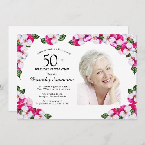 Pretty Magenta Pink White Photo 50th Birthday Invitation