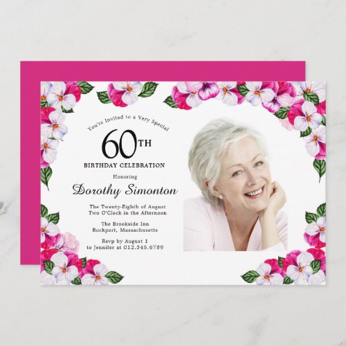 Pretty Magenta Pink White Photo 60th Birthday Invitation