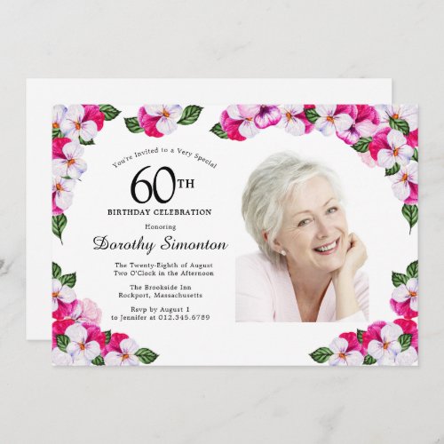 Pretty Magenta Pink White Photo 60th Birthday Invitation