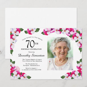 Pretty Magenta Pink White Photo 70th Birthday Invitation