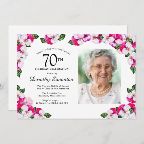 Pretty Magenta Pink White Photo 70th Birthday Invitation