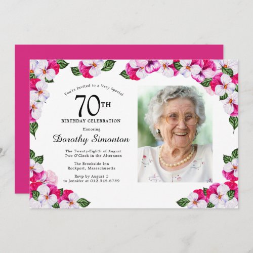 Pretty Magenta Pink White Photo 70th Birthday Invitation