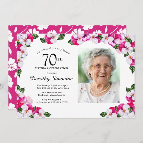 Pretty Magenta Pink White Photo 70th Birthday Invitation