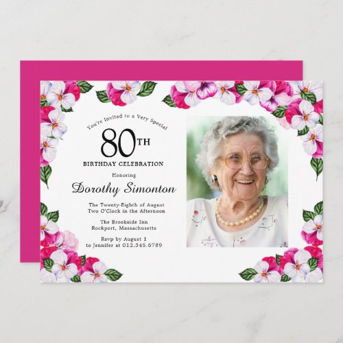 Pretty Magenta Pink White Photo 80th Birthday Invitation