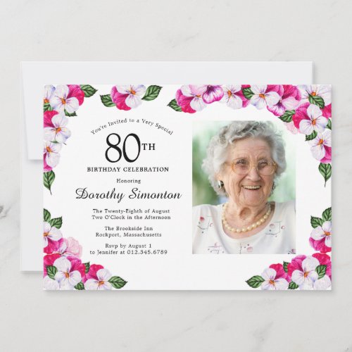 Pretty Magenta Pink White Photo 80th Birthday Invitation