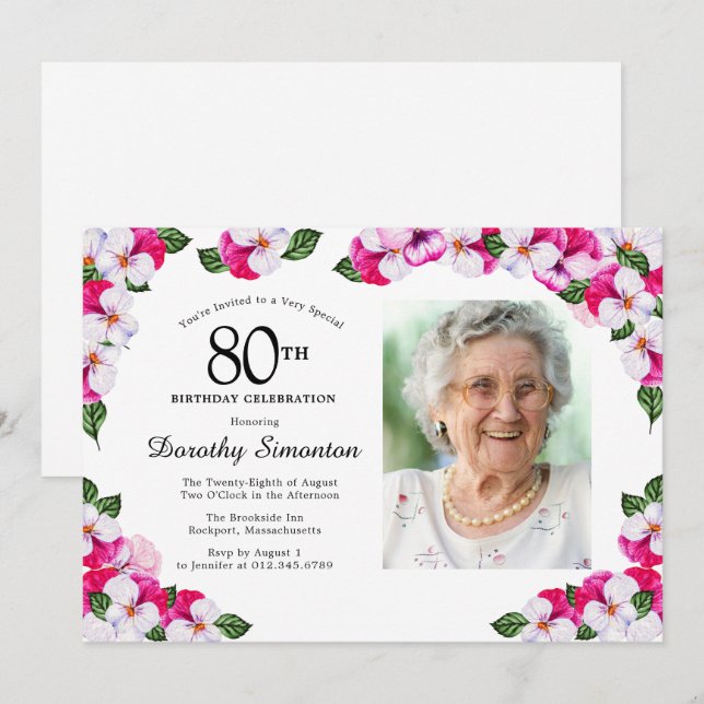 Pretty Magenta Pink White Photo 80th Birthday Invitation (Front/Back)