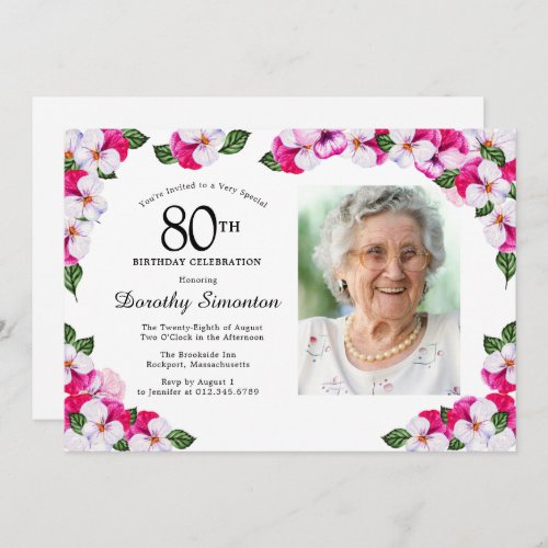 Pretty Magenta Pink White Photo 80th Birthday Invitation