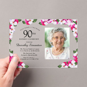 Pretty Magenta Pink White Photo 90th Birthday Acrylic Invitations