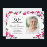 Pretty Magenta Pink White Photo 90th Birthday Invitation<br><div class="desc">An elegant frame of watercolor pansies surrounds your 90th birthday party details and photo. The bright and colorful magenta, pink and white floral is perfect for a spring or summer birthday celebration. All of the text is editable so you can create just the right vibe. The back of the invitation...</div>