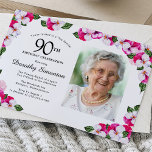 Pretty Magenta Pink White Photo 90th Birthday Invitation<br><div class="desc">An elegant frame of watercolor pansies surrounds your 90th birthday party details and photo. The bright and colorful magenta, pink and white floral is perfect for a spring or summer birthday celebration. All of the text is editable so you can create just the right vibe. The back of the invitation...</div>