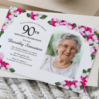 Pretty Magenta Pink White Photo 90th Birthday Invitation by Celebrais at Zazzle