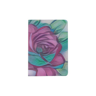 Pretty Magenta Rise With Green Accent Leaves Passport Holder