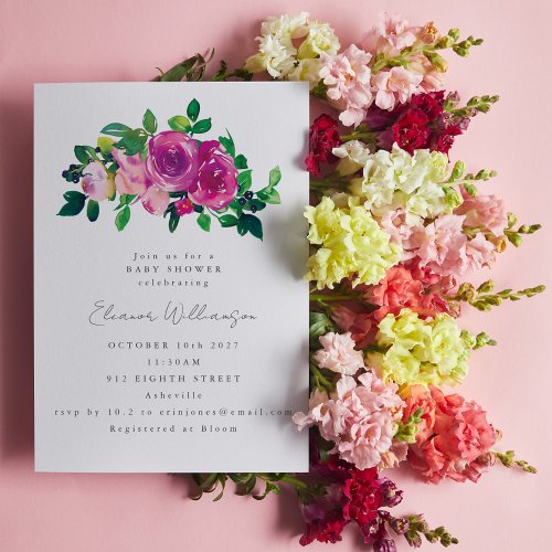 Pretty Magenta Watercolor Flowers Cute Baby Shower Invitation
