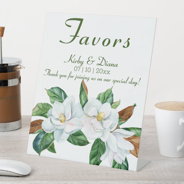 Pretty Magnolia Bouquet Wedding Favors Pedestal Sign (In SItu)