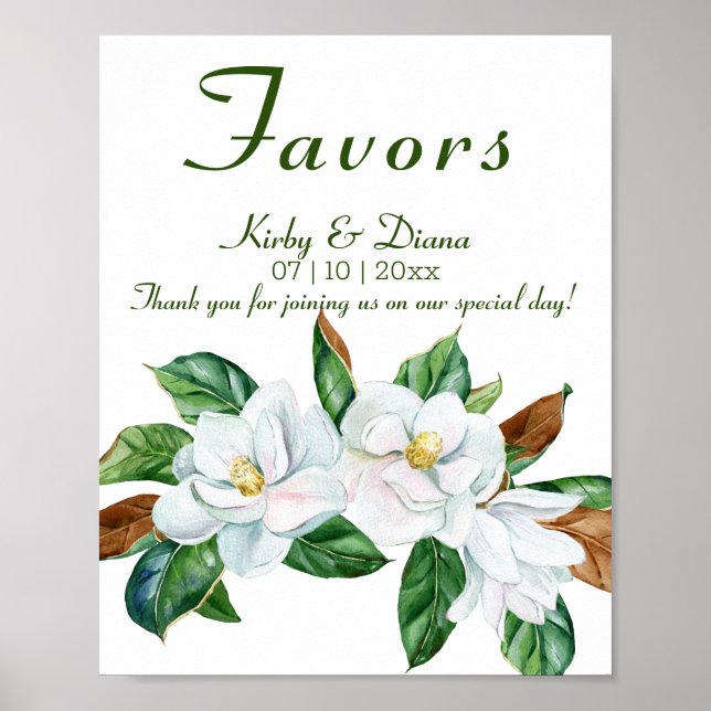 Pretty Magnolia Bouquet Wedding Favors Sign (Front)