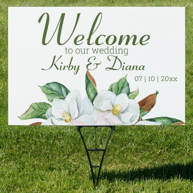 Pretty Magnolia Bouquet Wedding Welcome Sign (Insitu)