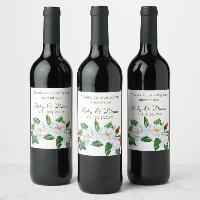 Pretty Magnolia Bouquet Wedding    Wine Label (Bottles)