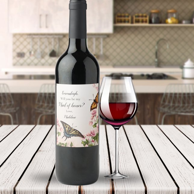 Pretty Maid of Honor Proposal Floral Butterflies Wine Label (Creator Uploaded)