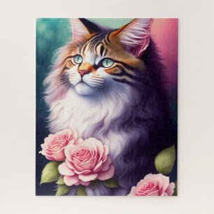 Pretty Maine Coon & Flowers Portrait Jigsaw Puzzle