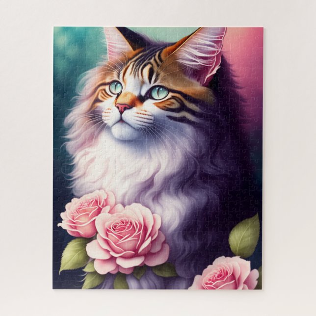 Pretty Maine Coon & Flowers Portrait  Jigsaw Puzzle (Vertical)