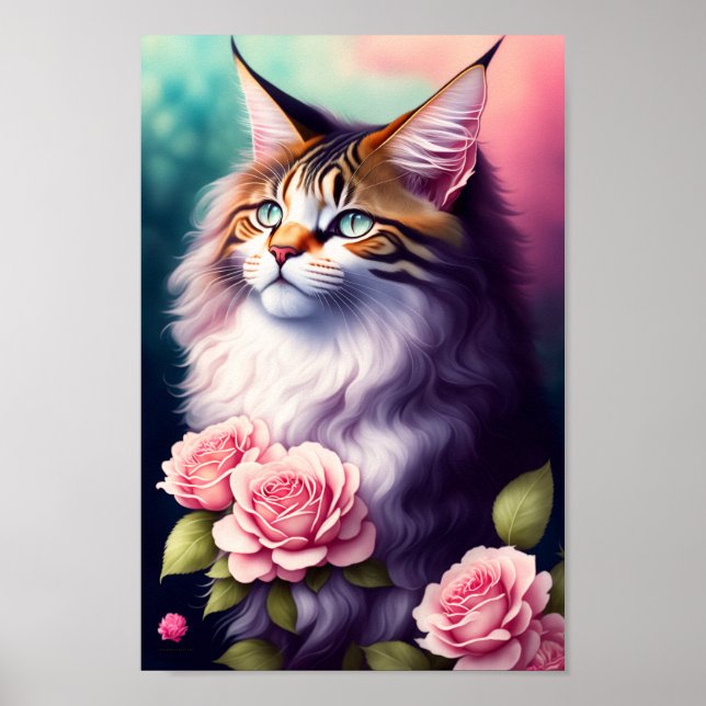 Pretty Maine Coon & Flowers Portrait Poster (Front)