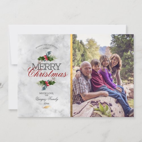Pretty Marble and Holly Christmas Photo Holiday Card - Pretty holly and marble design photo template greeting card.