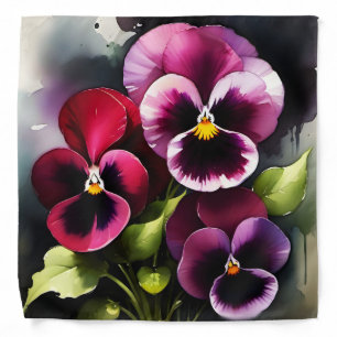 Pretty maroon daek red pansies watercolor painting bandana