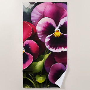 Pretty maroon daek red pansies watercolor painting beach towel