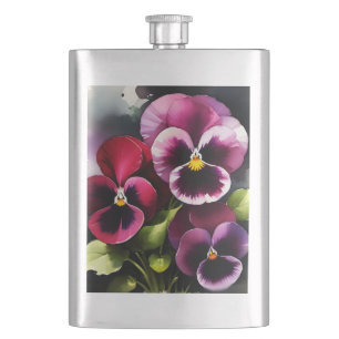 Pretty maroon daek red pansies watercolor painting flask