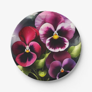 Pretty maroon daek red pansies watercolor painting paper plates