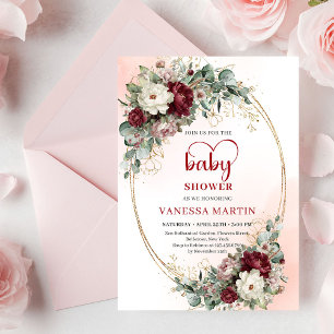 Pretty Maroon Floral Gold Baby Shower Invite