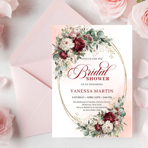 Pretty Marsala Flowers Gold Bridal Shower Invite