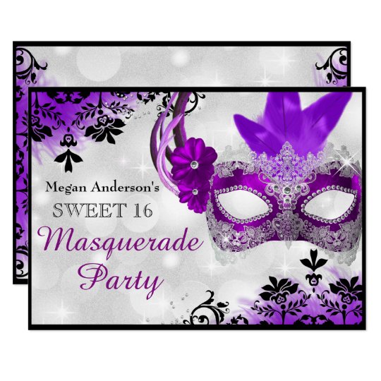 Pretty Mask And Damask Purple Masquerade Sweet 16 Invitation