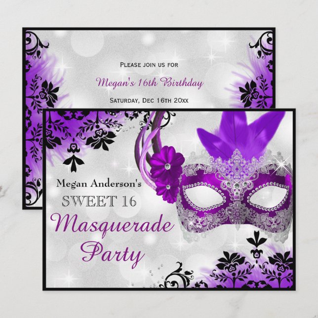 Pretty Mask & Damask Purple Masquerade Sweet 16 Invitation (Front/Back)