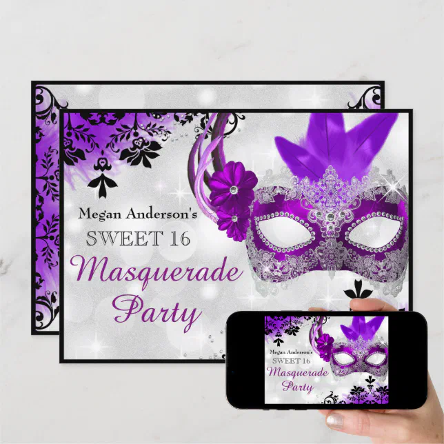 Pretty Mask And Damask Purple Masquerade Sweet 16 Invitation Zazzle