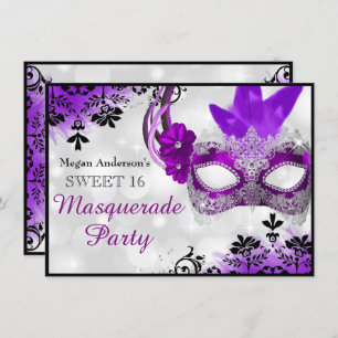 Pretty Mask & Damask Purple Masquerade Sweet 16 Invitation