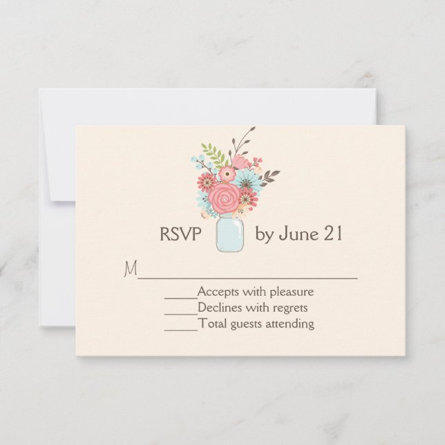 Pretty Mason Jar Floral Wedding RSVP Card (Front)