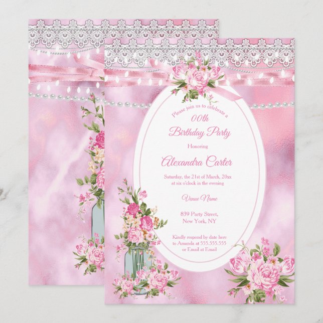 Pretty Mason Jar Pearl String Lights Floral Pink Invitation (Front/Back)