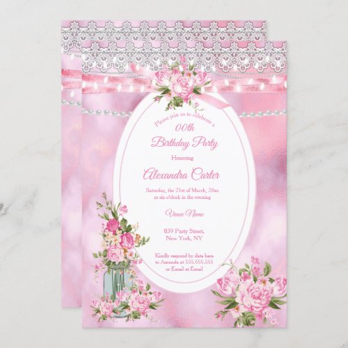 Pretty Mason Jar Pearl String Lights Floral Pink Invitation