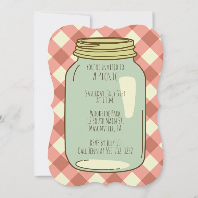 Pretty Mason Jar Picnic Party Invite Gingham (Front)