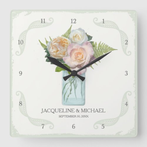 Pretty Mason Jar w Rose Flowers n Fern Leaf Swirl Square Wall Clock