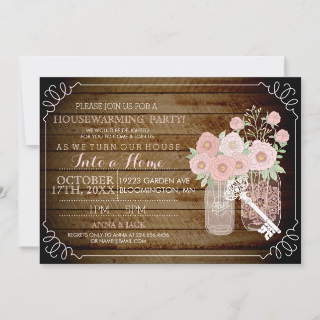 Pretty Mason Jar Wood Look Housewarming Invite (Front)